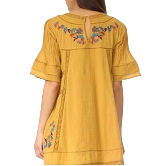 Free People Victorian Mini Dress Mustard Embroidered A Line Bohemian Size L - Picture 4 of 12
